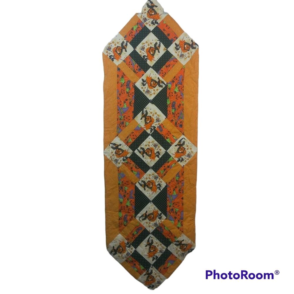 Handmade Halloween Quilted Table Runner Orange Black Witch